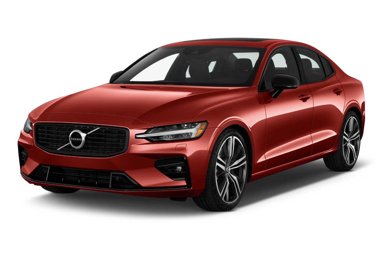 Front three quarter view of a Front three quarter view of a 2022 Volvo S60 R-Design B5 4 Door Sedan angular front stock photos of front three quarter view